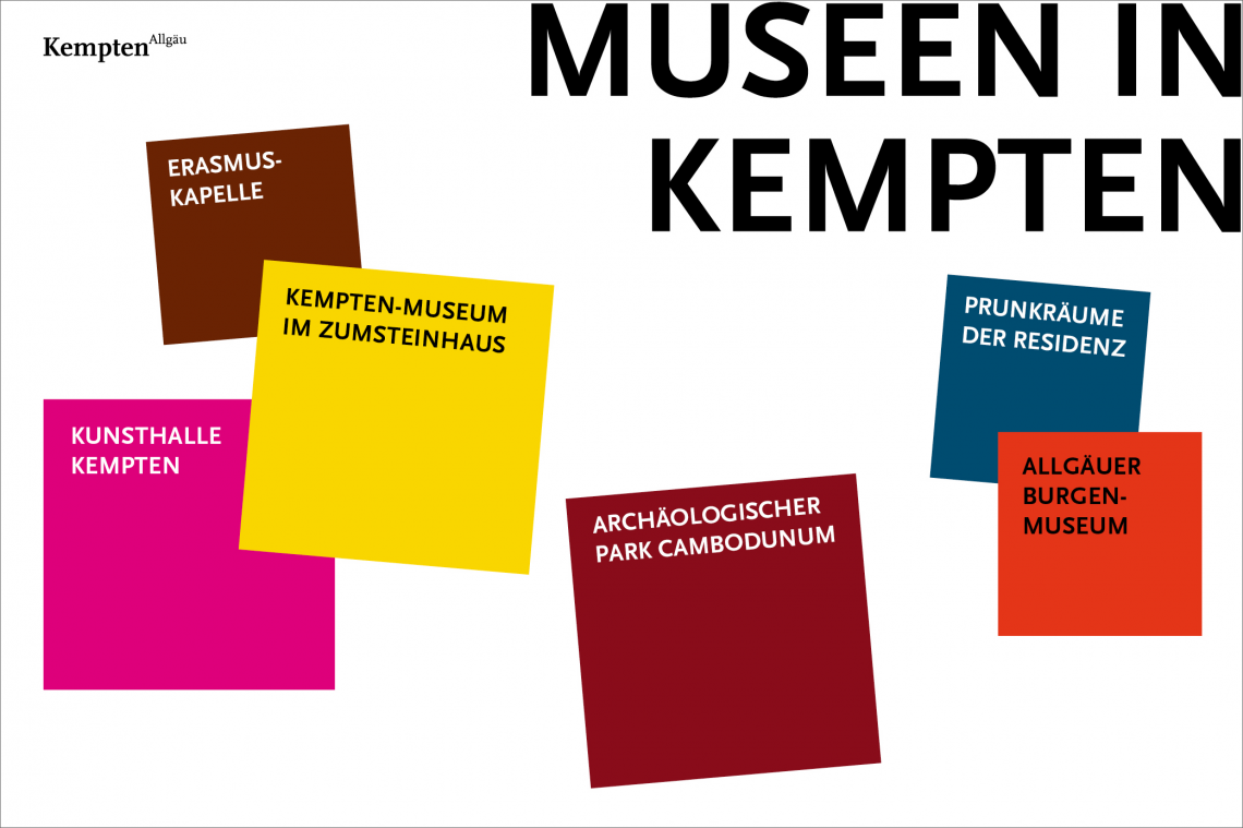 Würfel in unterschiedlichen Farben. Auf jedem Farbwürfel steht ein Museumsname: Erasmuskapelle, Kempten-Museum, Archäologischer Park Cambodunum, Kunsthalle Kemtpen, Prunkräume der Residenz, Allgäuer Burgenmuseum